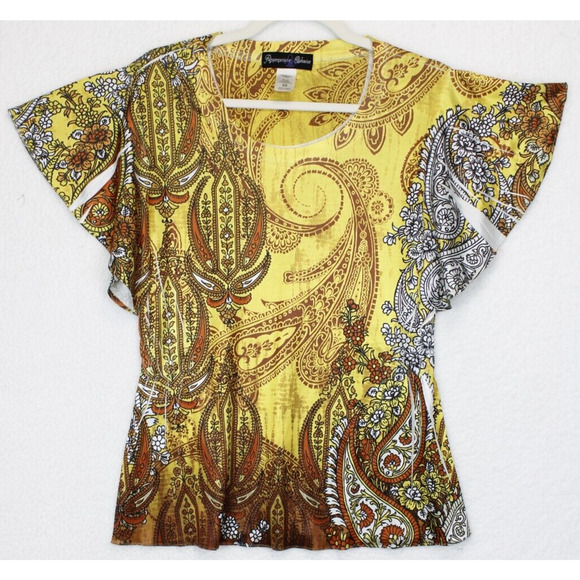 Appropriate Behavior Butterfly Sleeve Damask Print Blouse Women S Yellow Tan - Picture 1 of 8